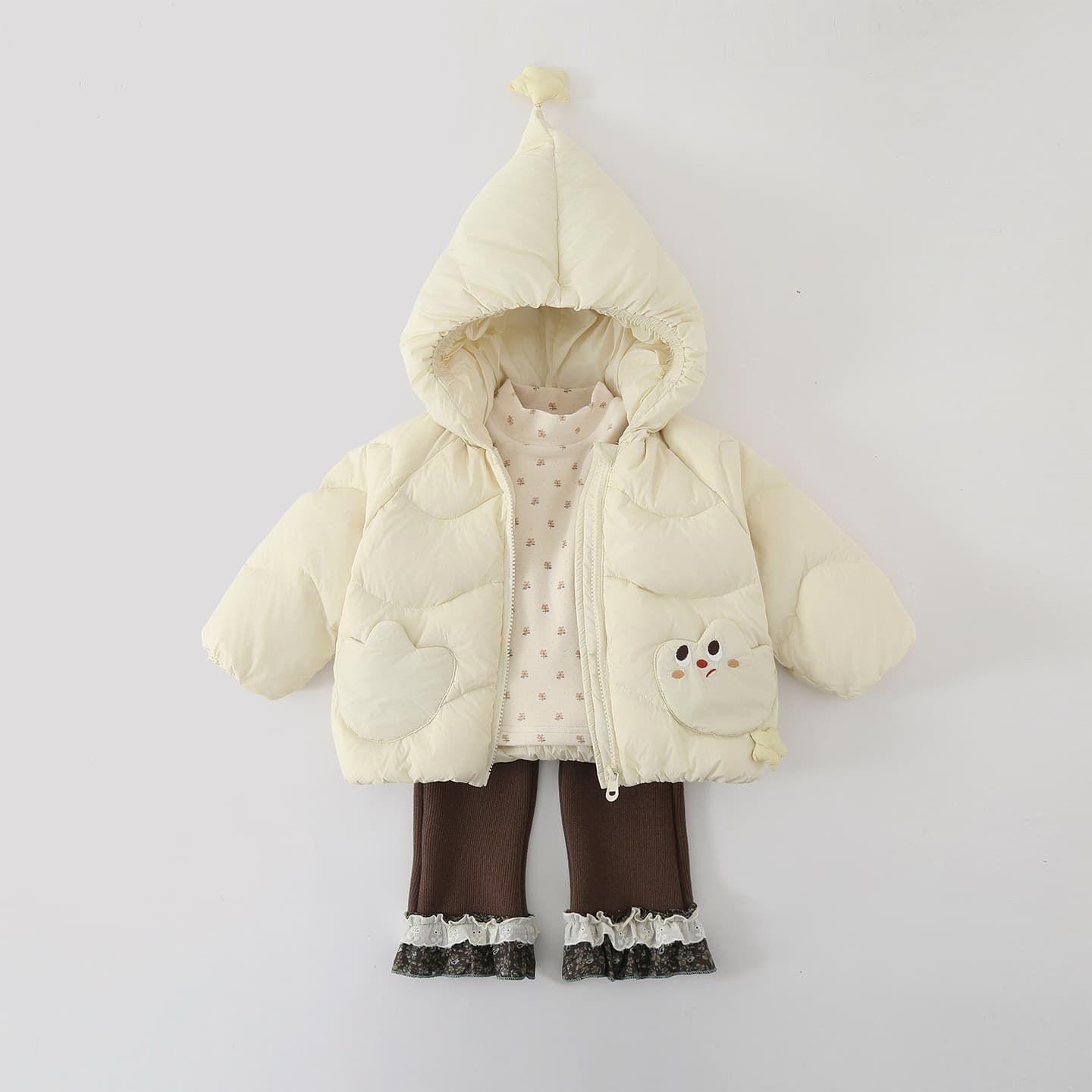 Girls' Lightweight Hooded Down Jacket, Kids' 90% White Duck Down Coat with Fleece-Lined Leggings, 3-Piece Winter Set