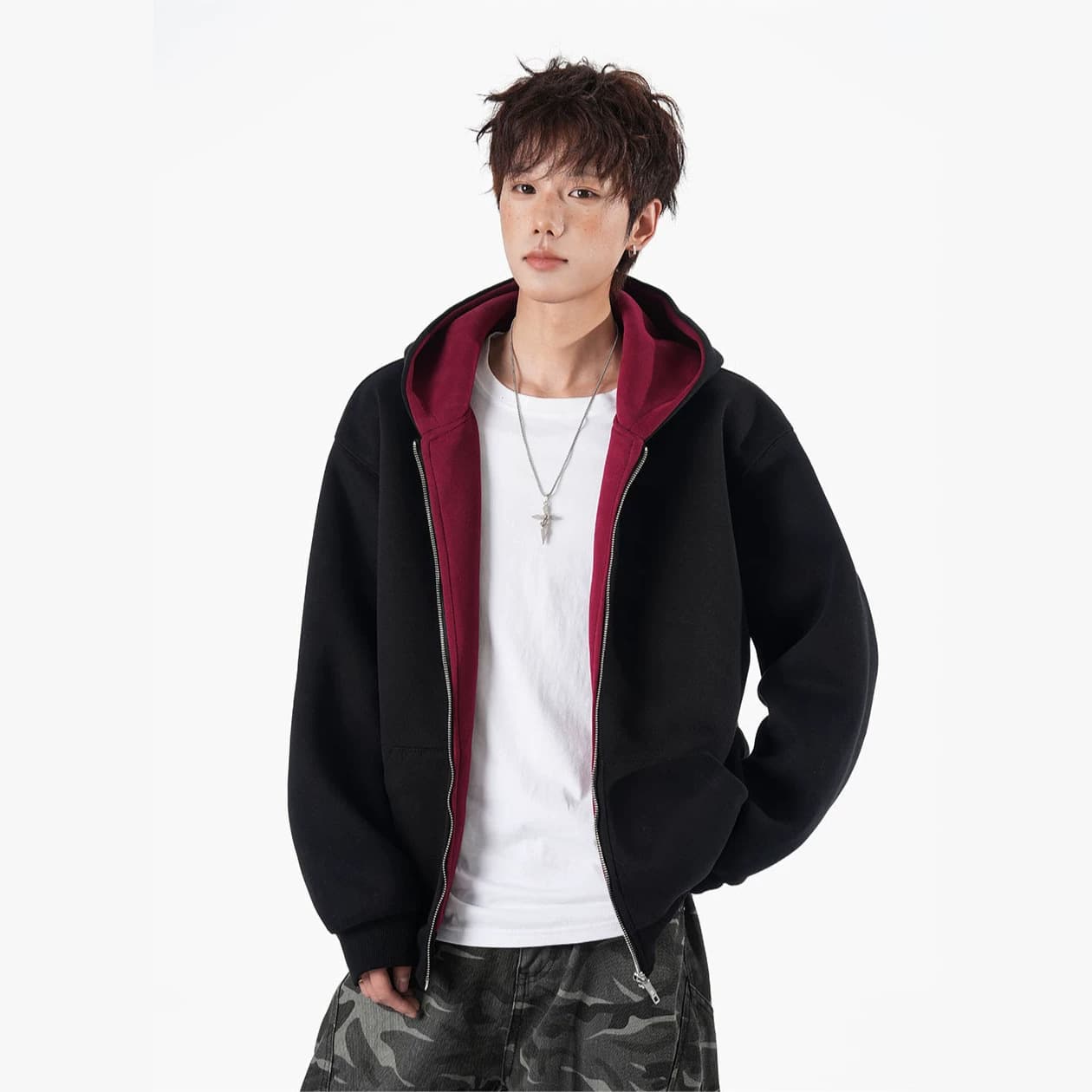 2026 New Spring and Autumn Heavy Color Blocked Hooded Sweater Cardigan Men's Loose American Casual Boxy Version Overshirt