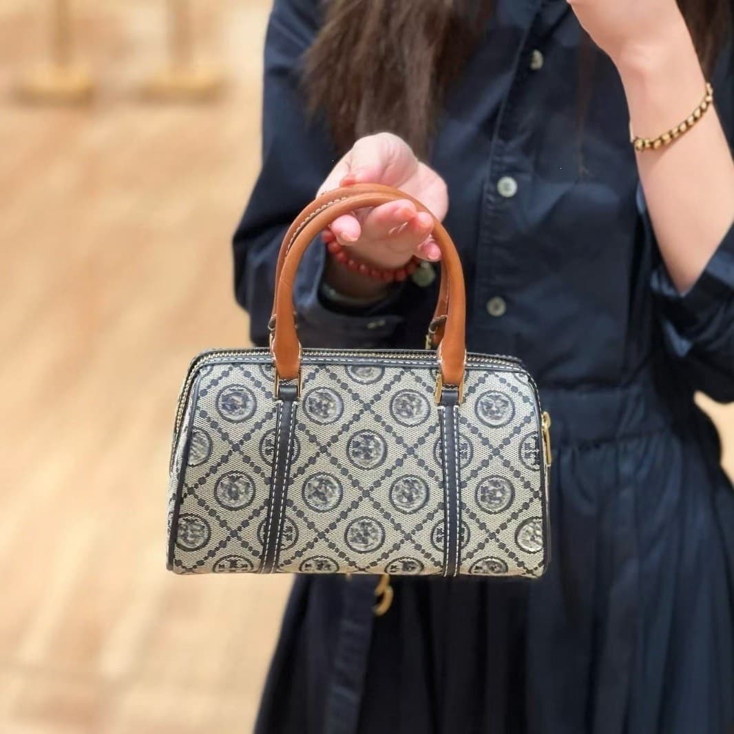 TB Women's Accordion Bag Flap Boston Shoulder Crossbody Handbag Small Square Bag Leather Letter Embroidery