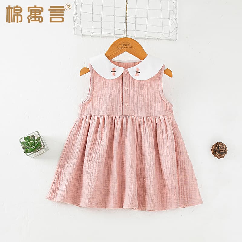 Girls Summer Dress Thin Gauze Sleeveless Dress Cute Baby Doll Collar Pink Baby Princess Dress