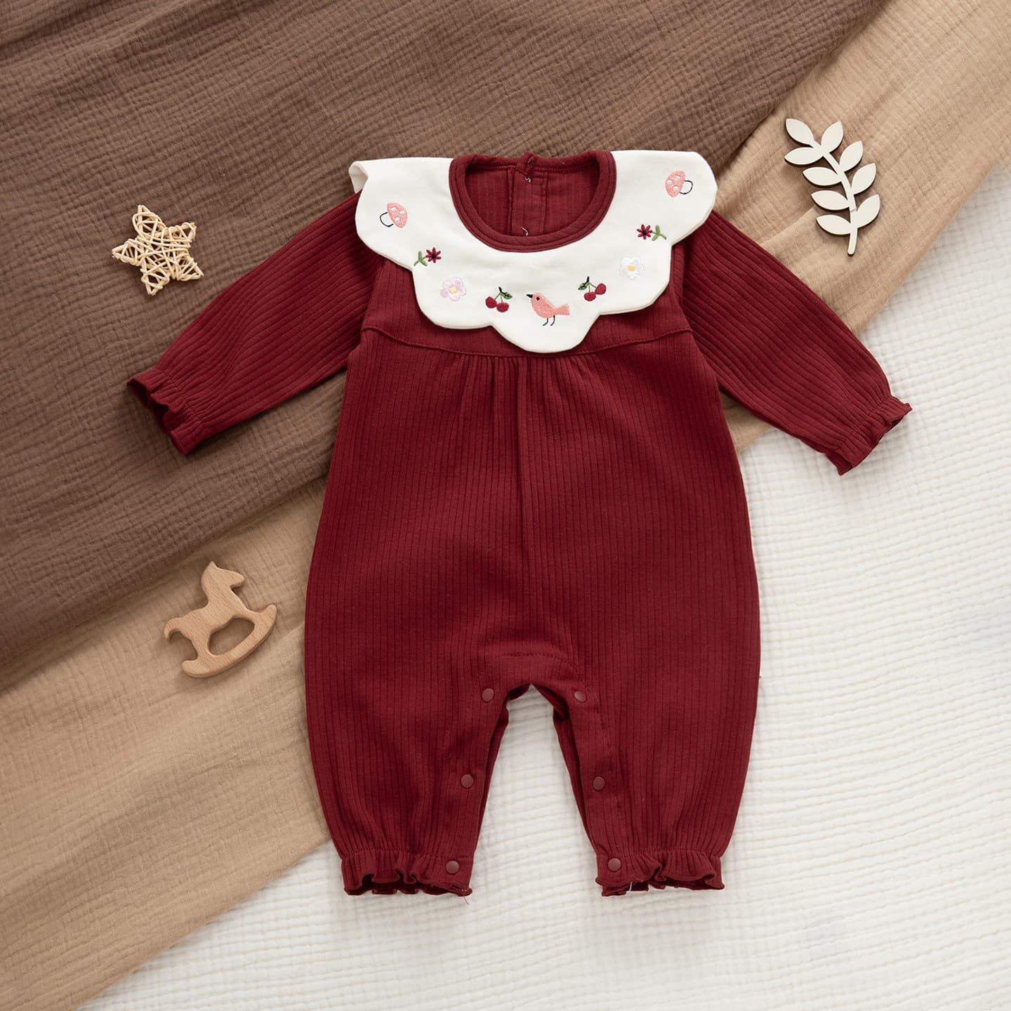 Baby Girl A-Class Newborn Romper Set for 100 Days, Wine Red Festive Newborn Sweet Princess Horse Year New Year