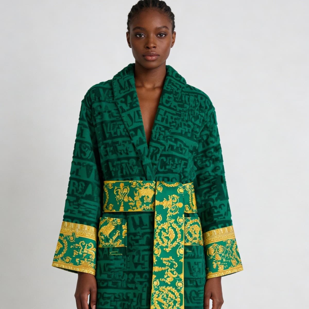 Pure Cotton Jacquard Bathrobe for Women, Long-Sleeved Autumn and Winter Home Wear, High-End Couple's Nightgown, Hotel Style, Green with Gold Trim