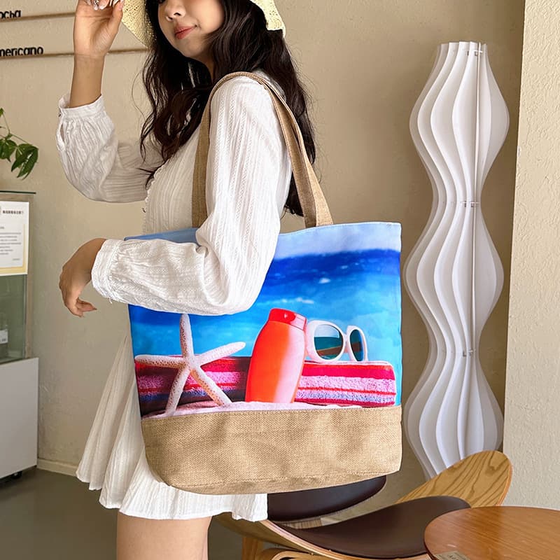 Wholesale Canvas Beach Bag Linen Seaside Vacation Shoulder Bag Simple Fashion Canvas Bag Printed Tote Bag