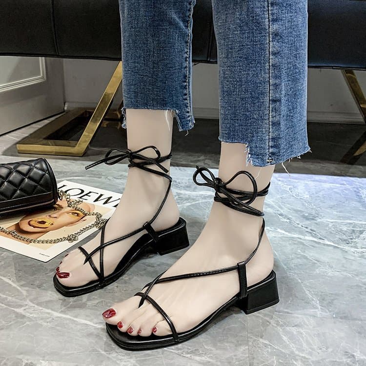 Cross-Strap High Heel Sandals for Women 2023 Summer New Square Toe Toe-Clip Chunky Heel Ankle Strap Roman Sandals