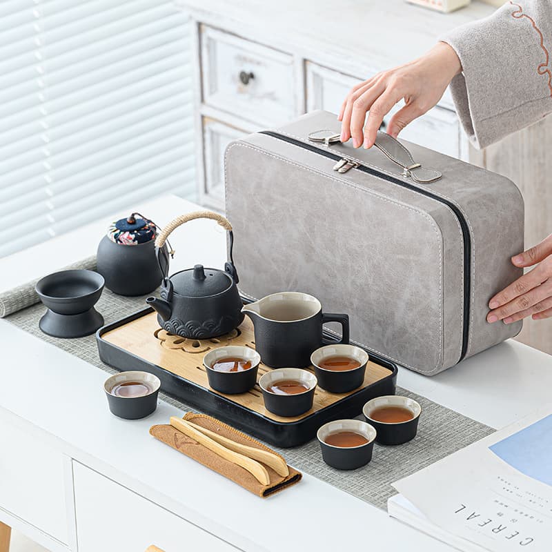 Wholesale Travel Tea Set - Home Use Kung Fu Tea Cup with Tea Tray, Outdoor Portable Ceramic Tea Brewing Pot, Business Gift