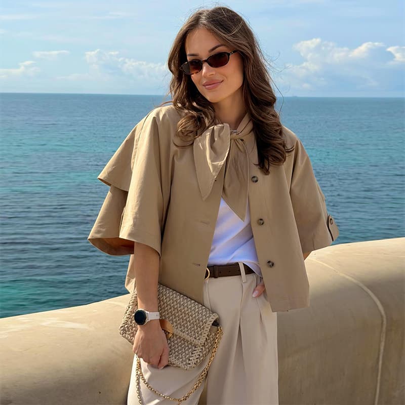 European and American cross-border women's clothing 2026 summer new fashion casual solid color loose slimming ruffle sleeve shorts jacket