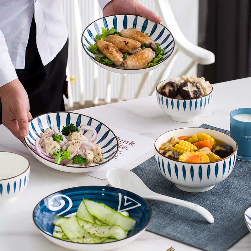 Japanese-style bowls, plates, and tableware set for home use, Jingdezhen bowls and chopsticks, underglaze ceramic fish plates, wholesale noodle bowls