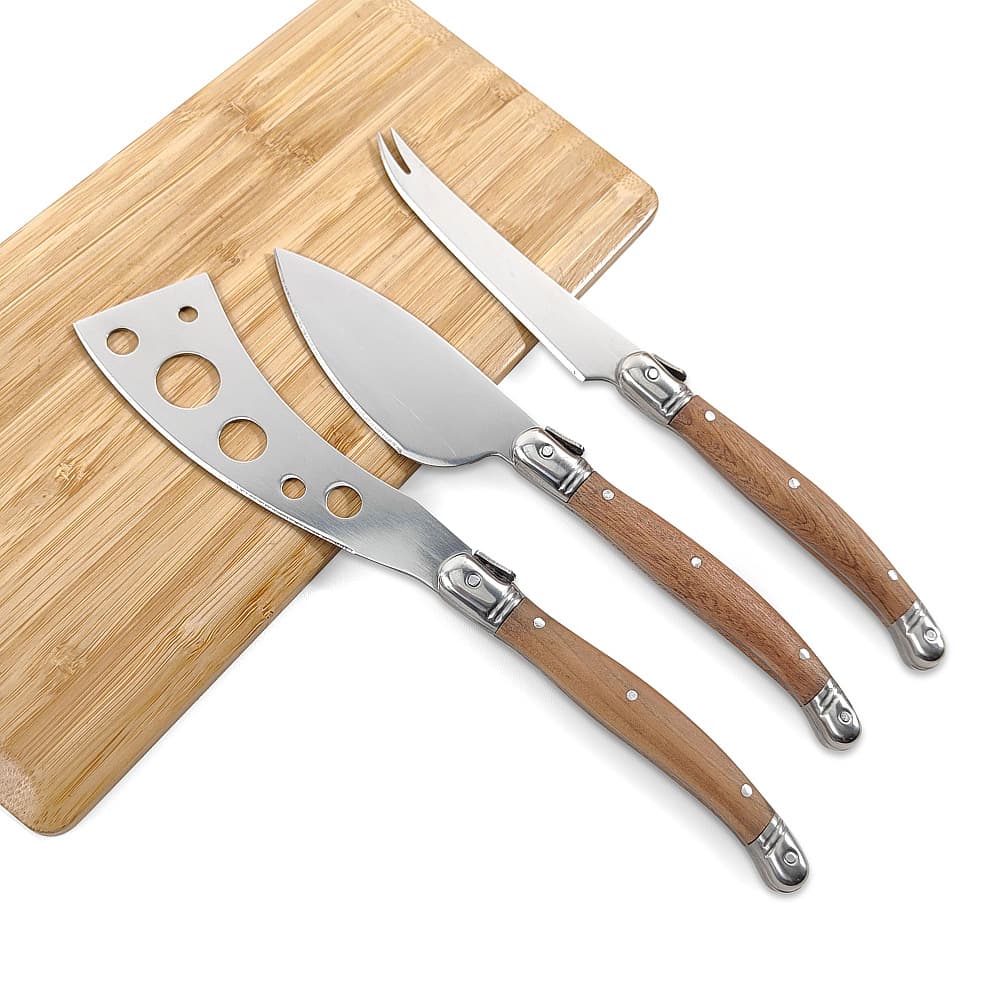 Cross-border spot 3-piece set of solid wood handle cheese knife, stainless steel pizza knife, butter and cheese knife, Western-style knife and fork