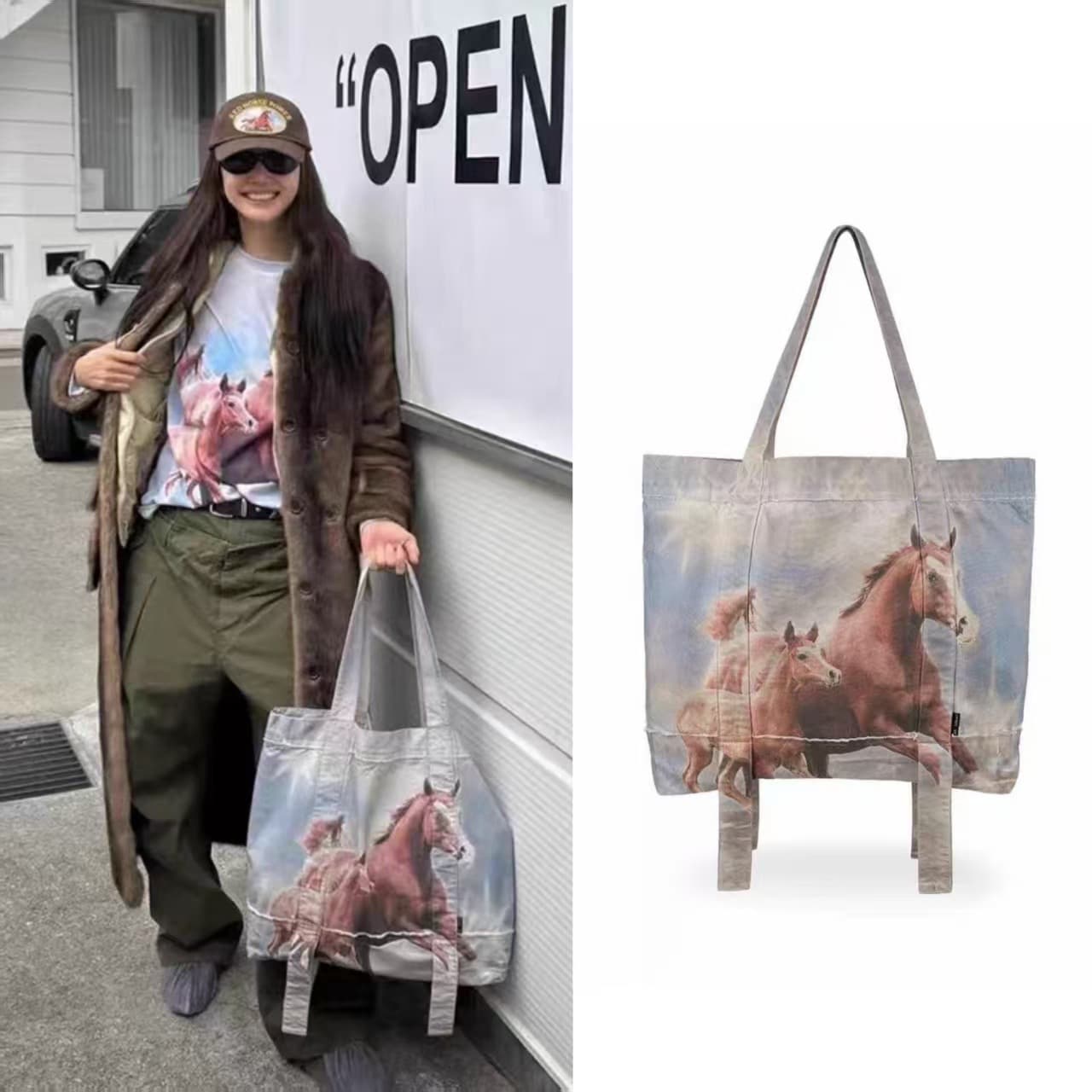 Korean Style Year of the Horse Limited Edition Galloping Horse Print Washed Canvas Shopping Bag Shoulder Bag Tote Bag Dongdaemun Style