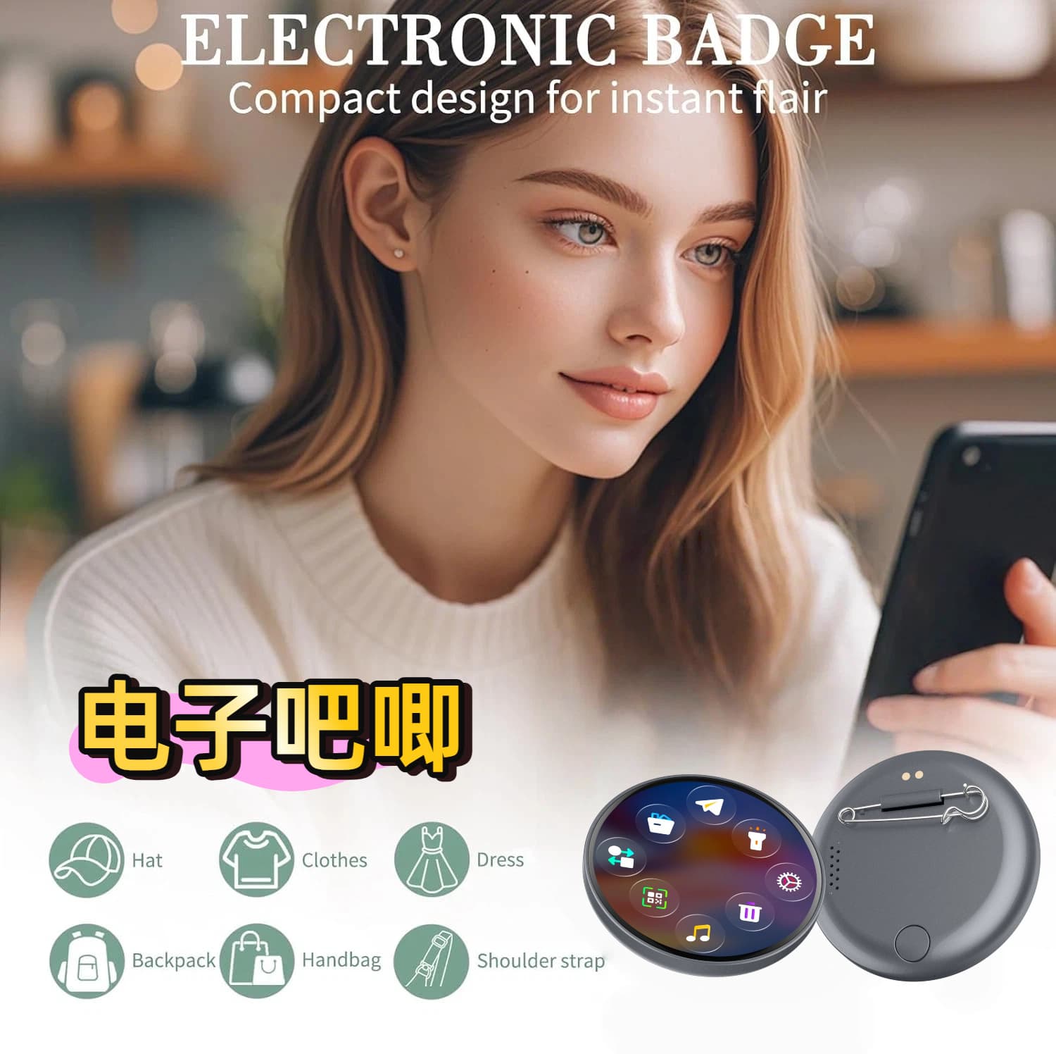 Electronic Badge with High-Definition Screen for Video/GIF Transmission, Bluetooth-Enabled, Must-Have Cool Pin Light for Anime Fans