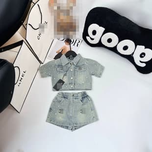 Summer Girls Set Denim Short Sleeve Top + Skirt 2-Piece Set Stylish Girls Korean Style Outerwear Denim Top Trendy