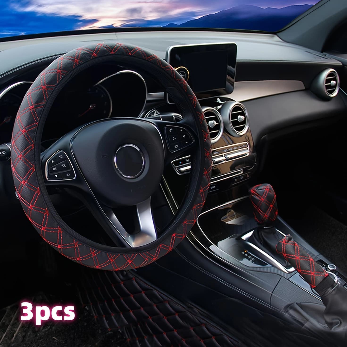 Cross-border Trade Exclusive Quilted Embroidery Three-Piece Set: Car Steering Wheel Cover, Handbrake Cover, Gear Shift Cover for Amazon, Temu, Shopee