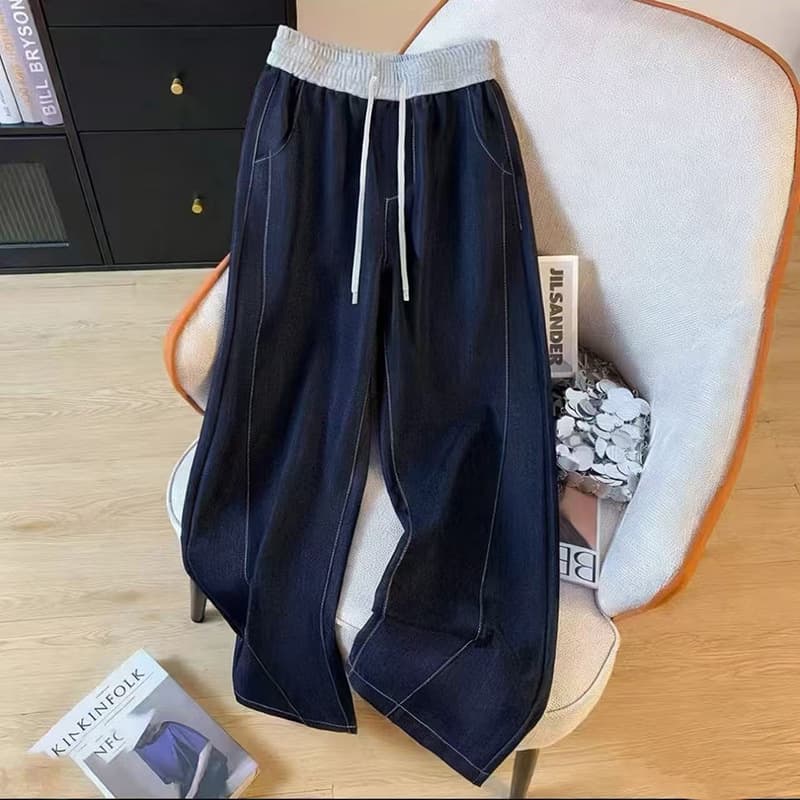 2026 Spring/Summer New Casual High-Waist Curved Blade Pants Wide-Leg Pants Spliced Waistband Color-Block Design Cloud-Feel Jeans for Women