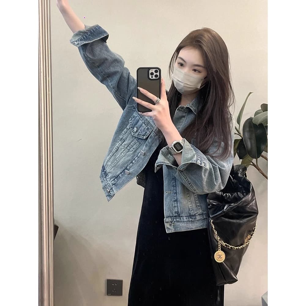 Washed Vintage Denim Jacket for Women, Spring/Autumn Loose Fit Casual Short Coat A2904