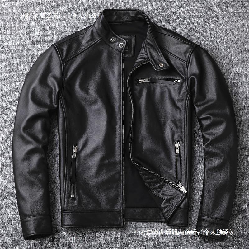 Men's Short Lambskin Leather Jacket, Stand Collar, Stylish Motorcycle Biker Coat, New Black