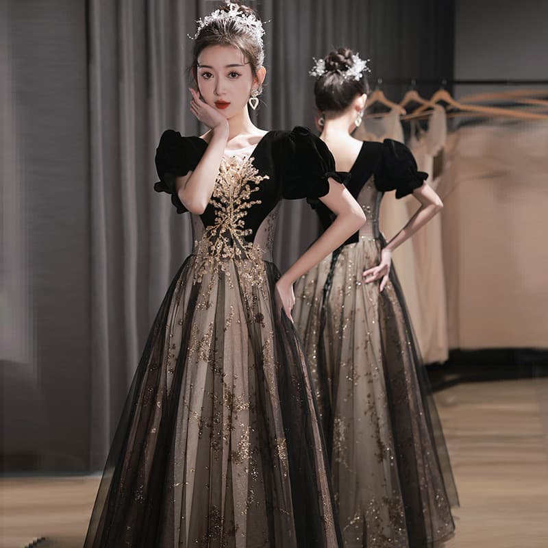 Black Evening Dress Light Luxury Unique French Hepburn Style Princess Dress for Hosting Adult Art Exam Chorus Performance