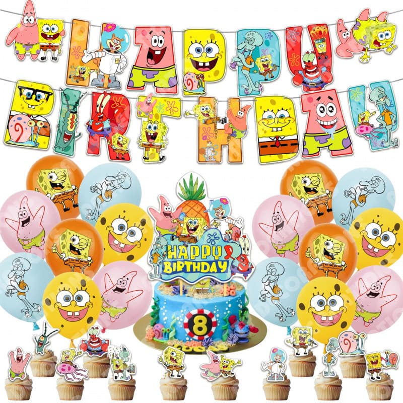 SpongeBob Birthday Theme Party Decoration Supplies Banner Flag Cake Topper Flag Balloon Set