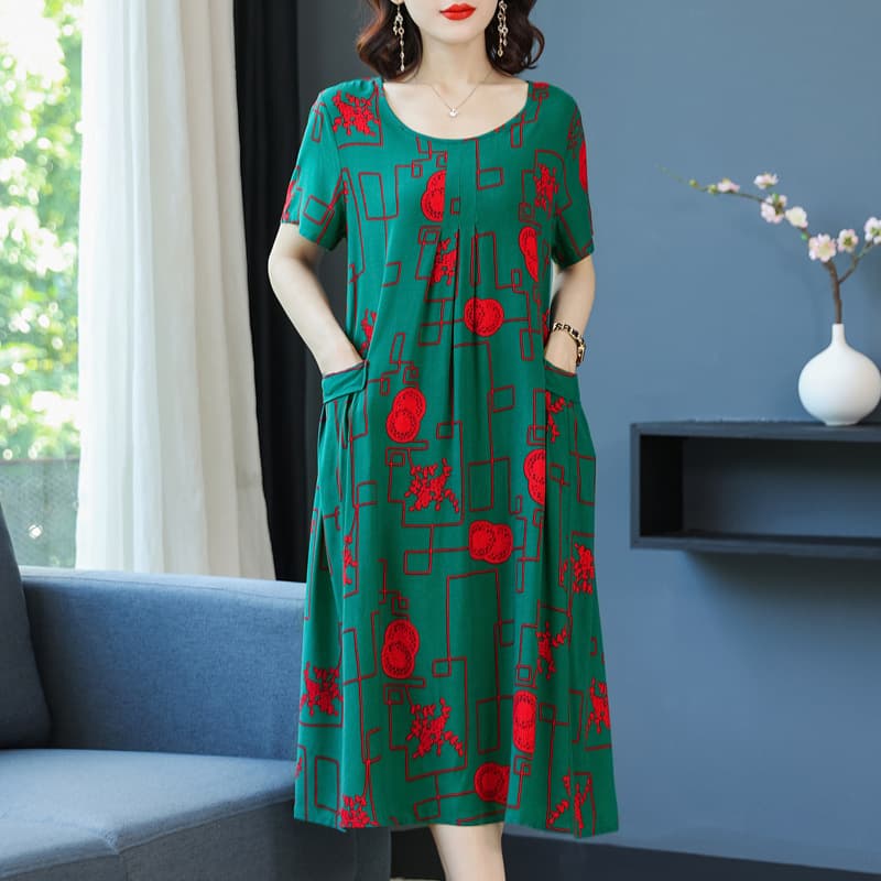 Fashionable Summer Cotton Silk Dress for Middle-aged Women 2026 New Plus Size Long Dress for Seniors
