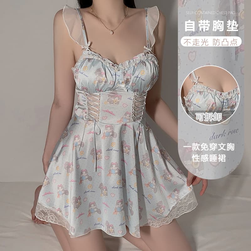 Guiruo Plus Size Cute Printed Satin Pajamas Sexy with Padded Bra Hot Backless Nightgown Loungewear Set 4908