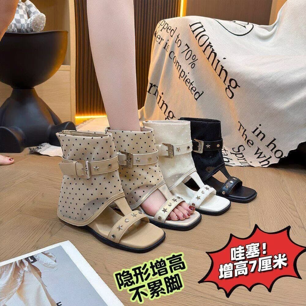 Vintage Polka Dot Chunky Platform Wedge Toe-Ring Sandals for Women 2026 New Summer Petite Height Increase Sandals for Dresses