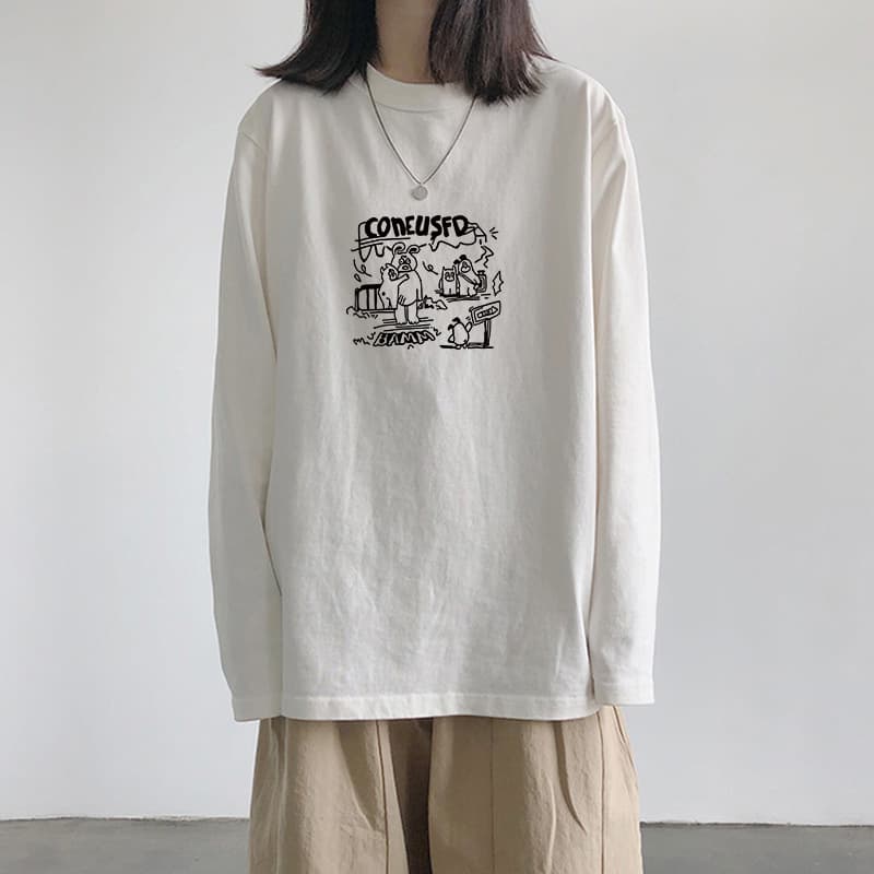 Women's White Long-Sleeve T-Shirt 2024 Autumn New Korean Style Simple Loose Slimming Casual Versatile Cotton Crew Neck Top