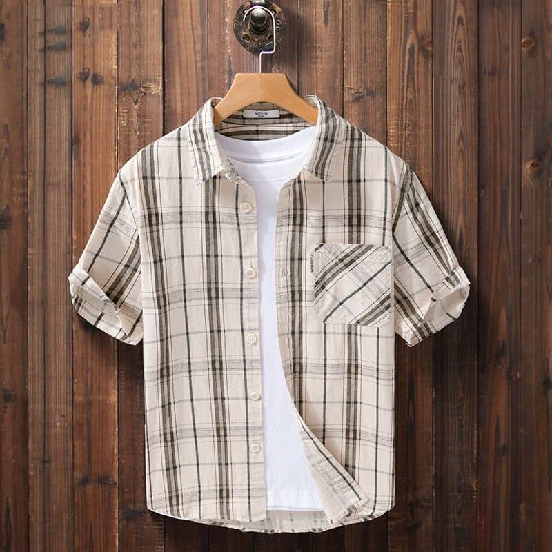 Men's Summer Ice Silk Plaid Short Sleeve Shirt, Loose Fit, Thin Sun Protection Shirt for Teens