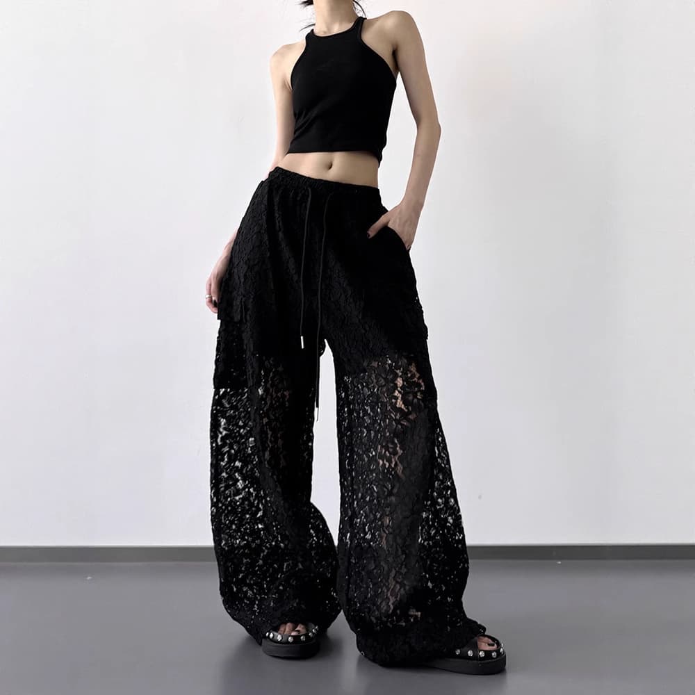 2026 Summer Black Casual Pants for Women, Versatile Design with Patchwork Hollow Lace Straight Wide-Leg Pants
