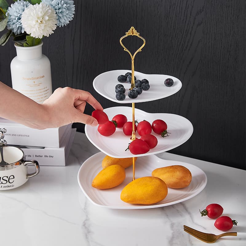 Nordic Style Multi-Layer Fruit Tray Dessert Stand, Light Luxury Snack Plate Candy Dish Heart-Shaped Gold Rim Cake Stand