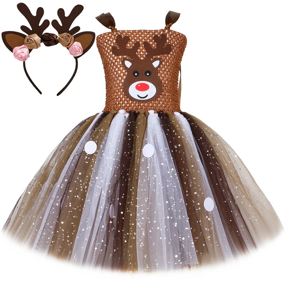 European and American Girls' Christmas Reindeer Skirt Children's Princess Dress Sequin Mesh Pettiskirt with Antler Headband