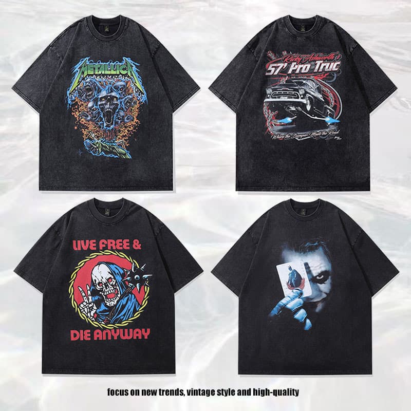 TKPA Rock Style Skull Print Vintage Short Sleeve T-Shirt for Men American Retro Streetwear Half Sleeve Vintage Top
