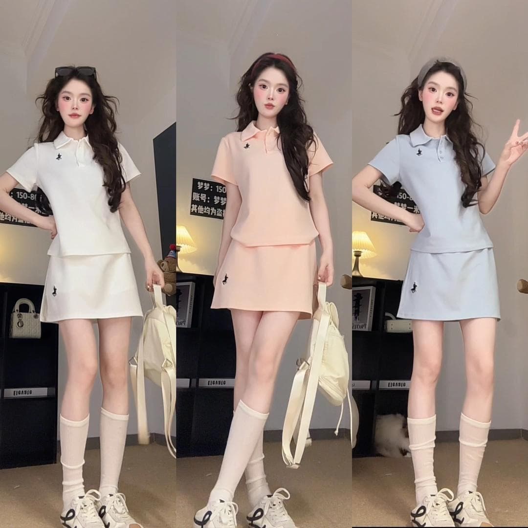 New embroidered pony casual sports suit for women summer lapel polo short-sleeved style A-line skirt two-piece set