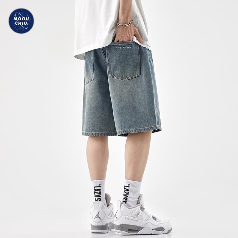 Muqiu Men's Clothing∣Denim Shorts for Men American Streetwear Plus Size Loose Straight Leg Vintage Washed Versatile Five-Point Shorts