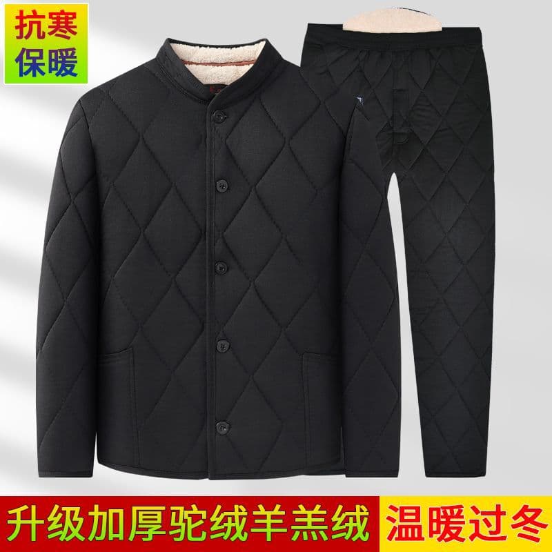 Middle-aged and elderly men's camel hair cotton-padded jacket, grandfather's outerwear, winter thickened cotton-padded coat, father's fleece-lined warm cotton-padded coat set