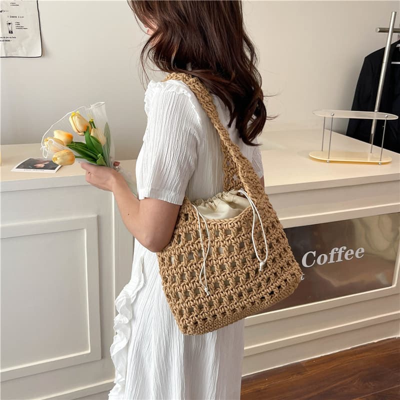 Cross-border Fashion New Hollow Woven Tote Bag Simple Large Capacity Shoulder Cotton Bag Handmade Color Net Bag