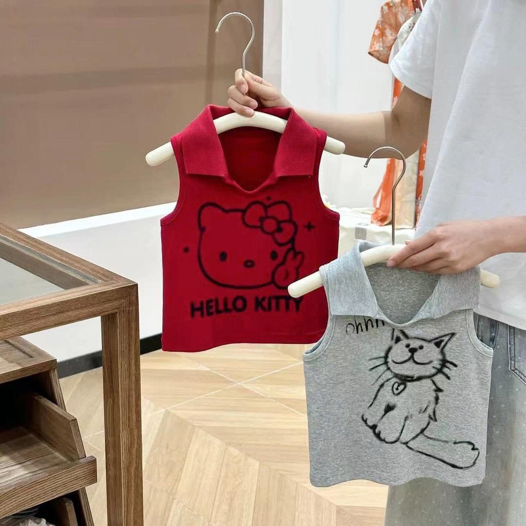 Girls' Sleeveless Vest T-Shirt 2025 New Summer Children's Versatile Printed Thin Korean-Style Turn-Down Collar Top Fashionable