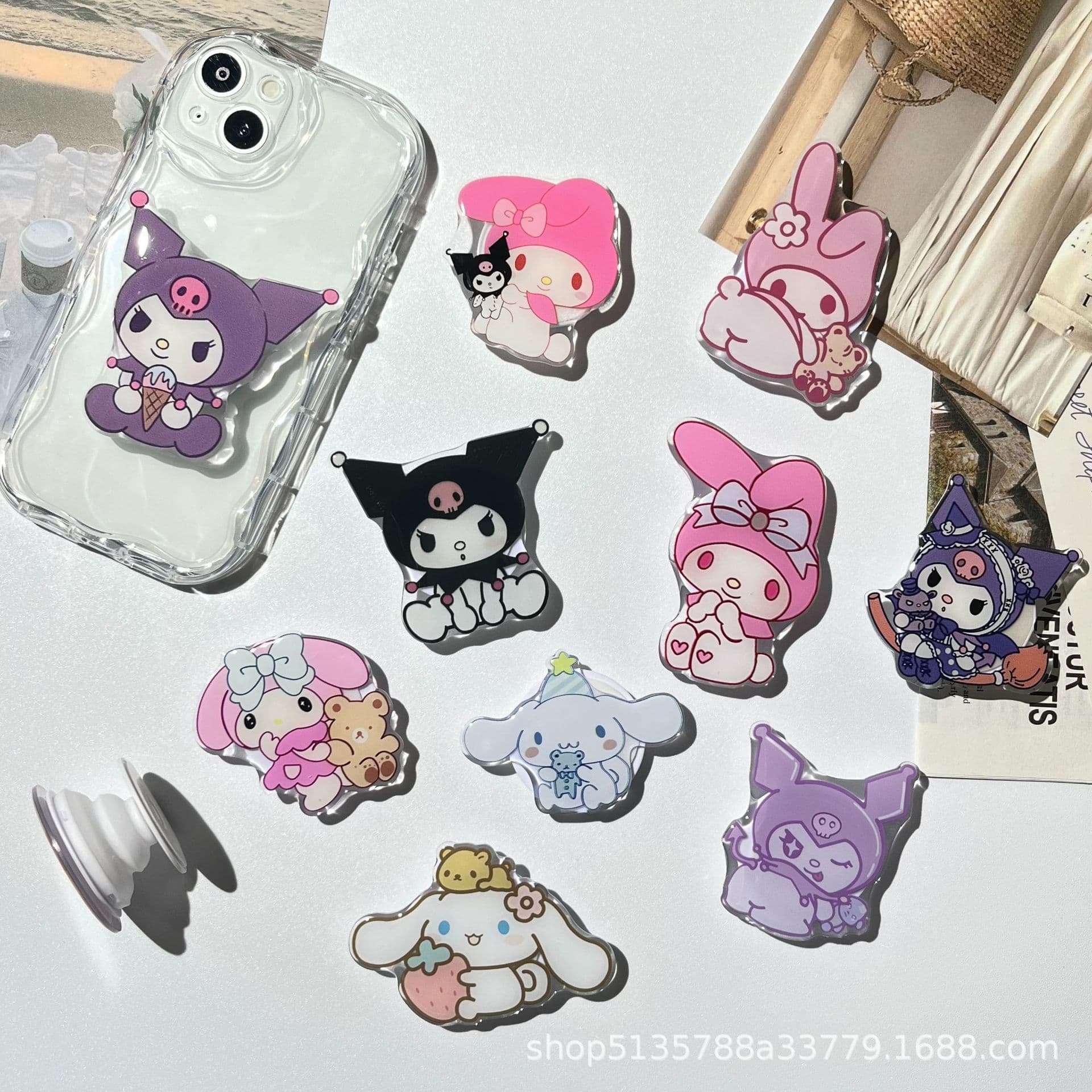 Popular cartoon telescopic Sanrio stand, epoxy acrylic airbag stand, wholesale pet phone clip stand