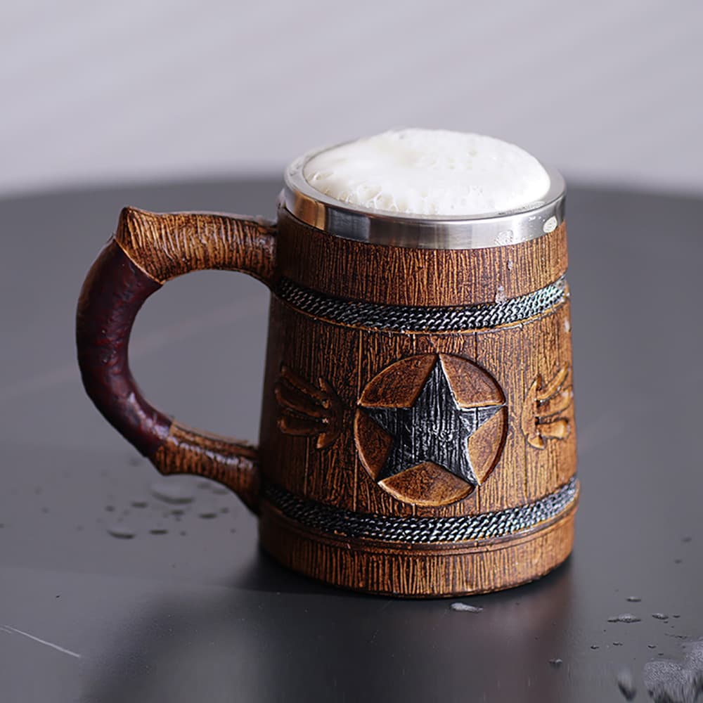 Cross-border New Ins Style High-Appearance Simulation Five-Pointed Star Wooden Barrel Cup 600ml Large Capacity Double-Layer Mug Gift