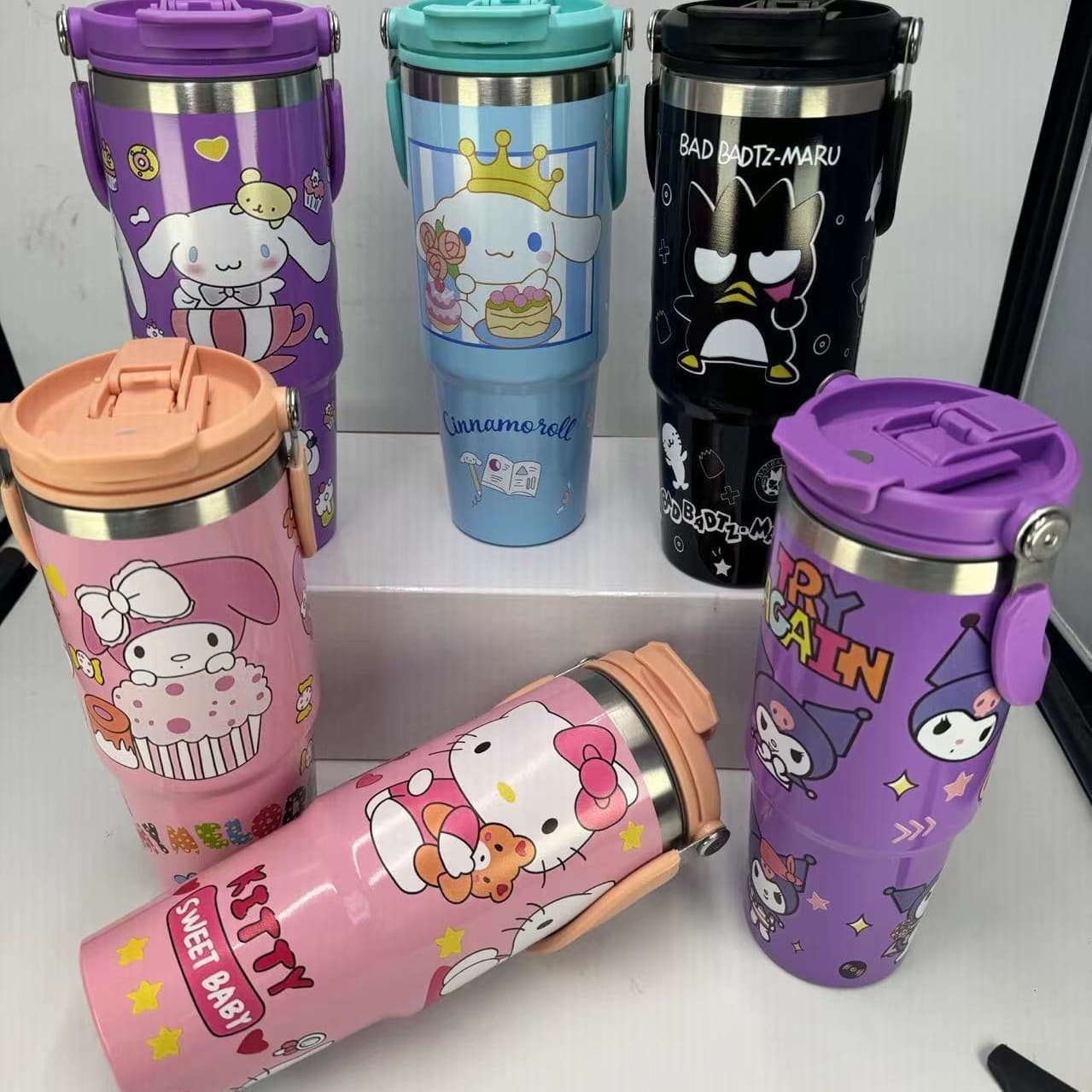 Cross-Border New 30oz Double Drink Handle Cup Cartoon Pattern Car Cup 304 Stainless Steel Car Ice Cup Mini