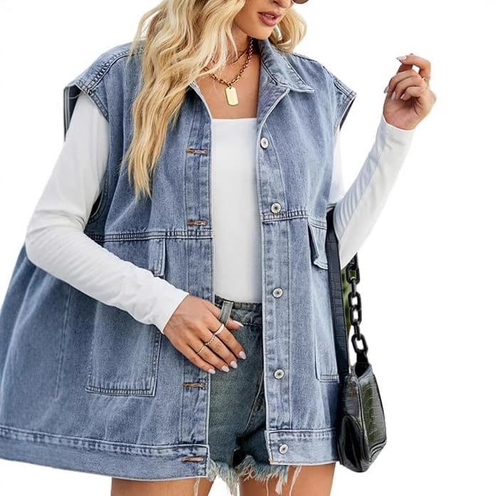 Amazon TEMU Cross Border Women's Oversized Denim Vest Mid-Length Jeans Vest Sleeveless Jacket Dressed Vest