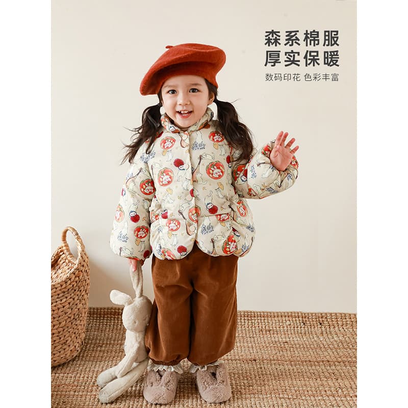 Qiu Duo Meng Girls Cartoon All-Over Print Cotton Coat 2025 New Winter Kids Forest Style Cotton Jacket Baby Warm Thick Padded Coat