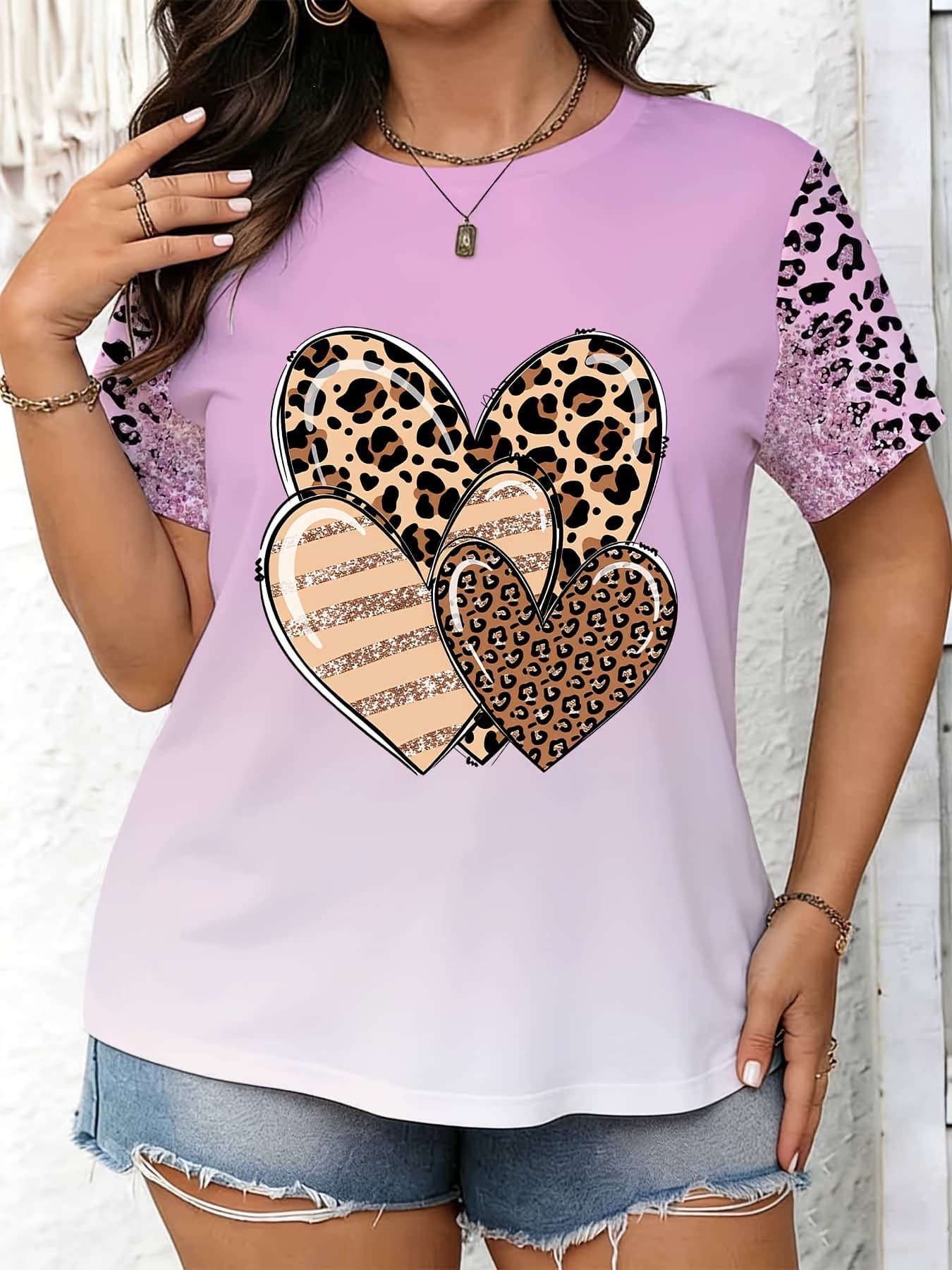 New Summer Colorful Leopard Camo Patchwork T-Shirt, Personalized Letter Print Round Neck Short Sleeve Casual Top for Women