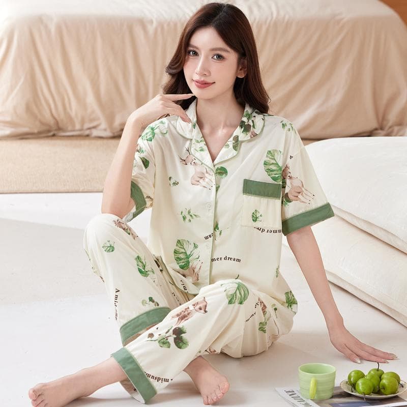 Women's Sleepwear Summer Short Sleeve Long Pants Two-Piece Set Thin Sweet Loose Plus Size Cardigan Homewear