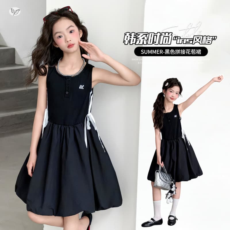 Girls' Patchwork Sleeveless Dress 2026 Summer New Style for Older Kids, Waist-Tightening Sporty Bubble Lantern Vest Dress