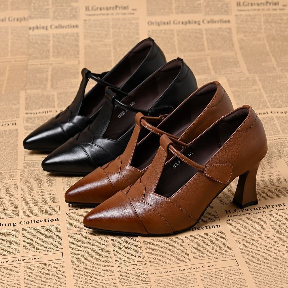 Women's Shallow Mouth Single Shoes Spring Autumn New Pointed Toe One-Strap Magic Tape Chunky Heel Mary Jane Shoes Versatile Comfortable High Heels