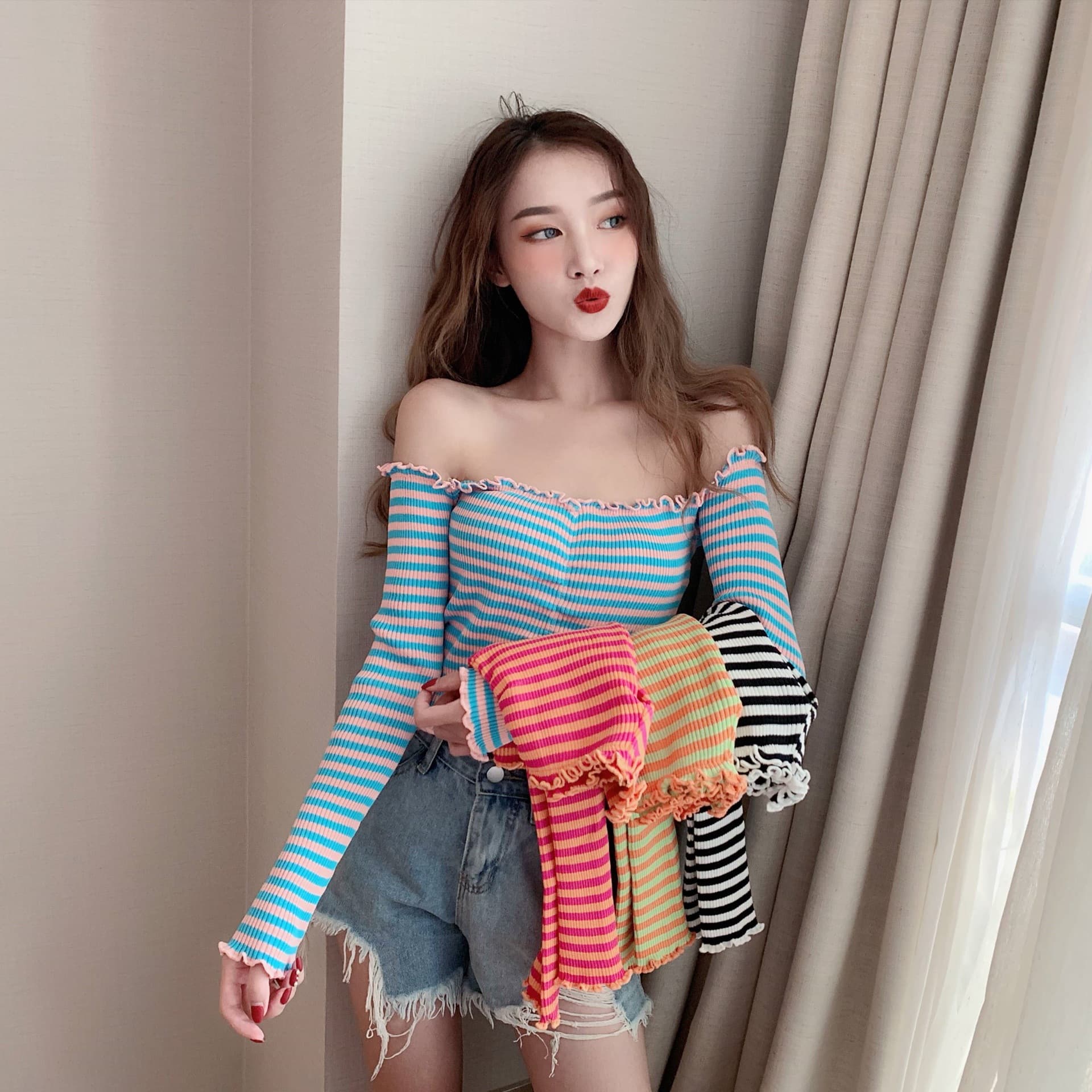 New Autumn Ruffled Off-Shoulder Thin Top Fitted Short Striped Long-Sleeve Knit Shirt Women's Base Layer