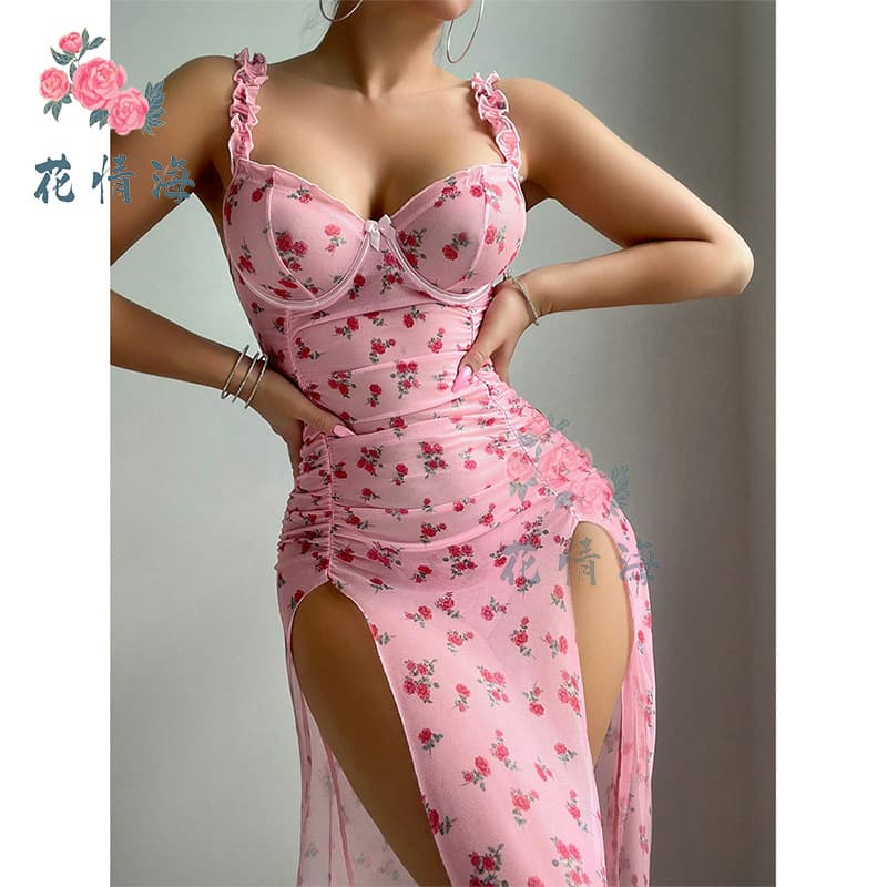 Huaqinghai Temu European and American sexy lingerie slit long skirt foreign trade two-piece uniform temptation outfit A1062