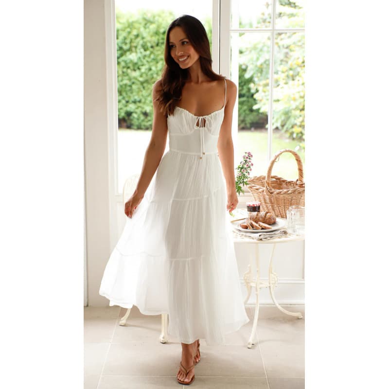 Vacation seaside skirt fashionable lace-up hollow backless slim A-line large hem mid-length sleeveless suspender dress for women