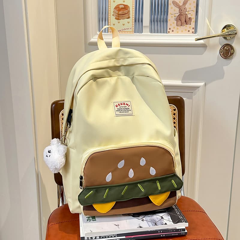 Japanese-style Versatile Hamburger Cute Personality Small Backpack for Girls, Cartoon High School Middle School Student Large Capacity Backpack Schoolbag