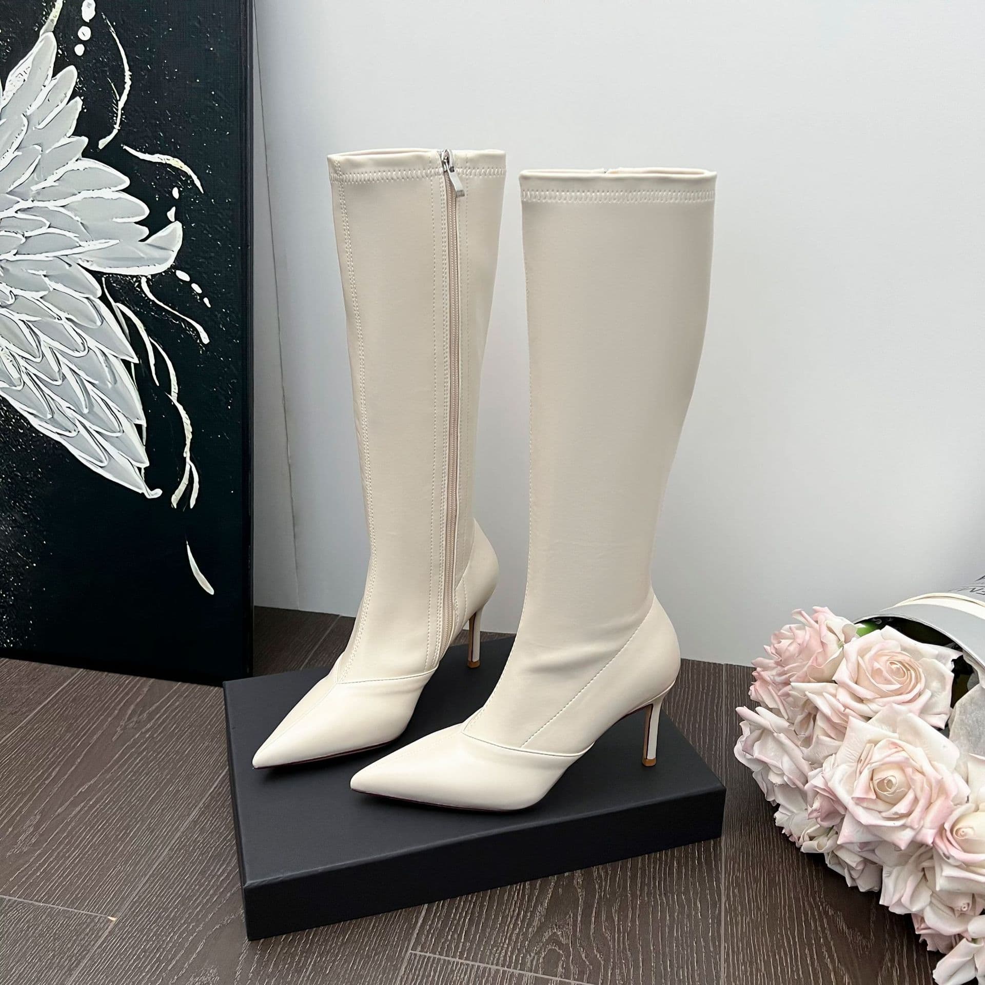 White High-Heeled Boots for Women 2025 Autumn and Winter New Style Over-The-Knee Elastic Slim Boots Side Zipper Stiletto High Boots