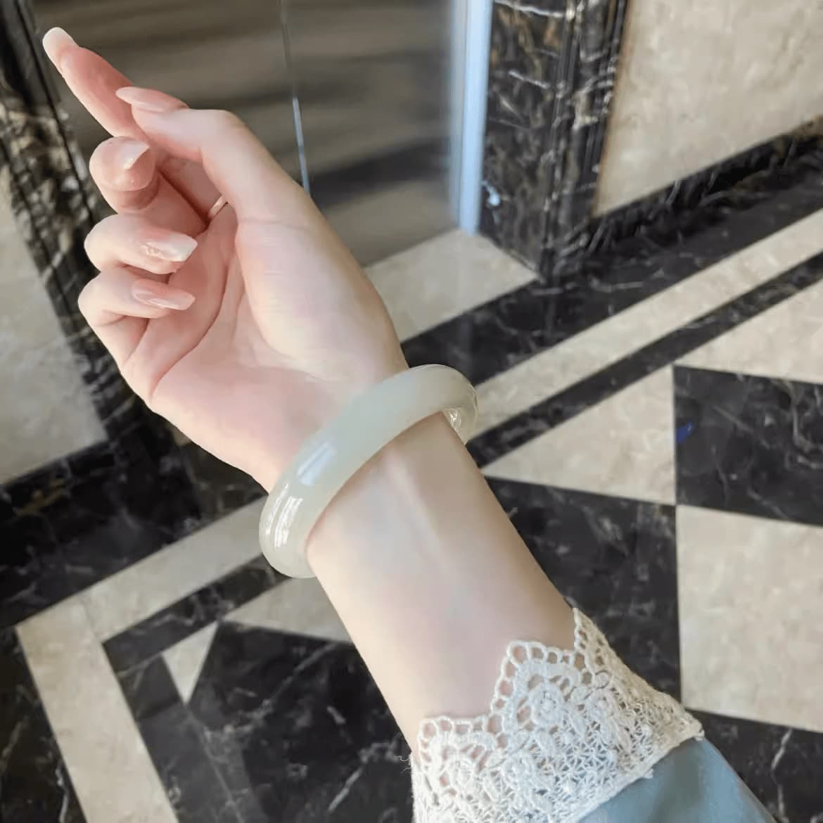 Xinjiang Hetian Jade Bracelet for Women, Youthful Style Qinghai "Clear Water" Flat Strip Pale Green-White Jade Bracelet, Icy Translucency Concubine Style